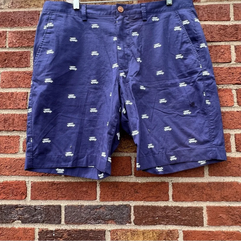 J. Crew Gramercy Men's Navy Surf Car Print Chino Shorts Slit Pockets Size 35
